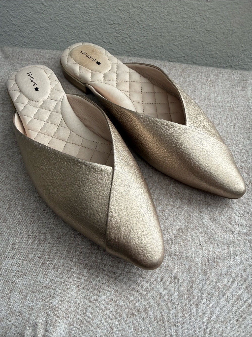 Birdies Gold Leather Pointed Toe Mule Flats Size 7
